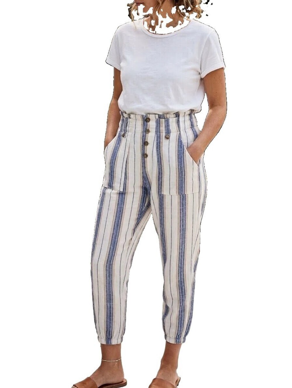 Vintage M Medium Indigo Rein Striped White Blue Elastic Cuff Pants Comfy Casual